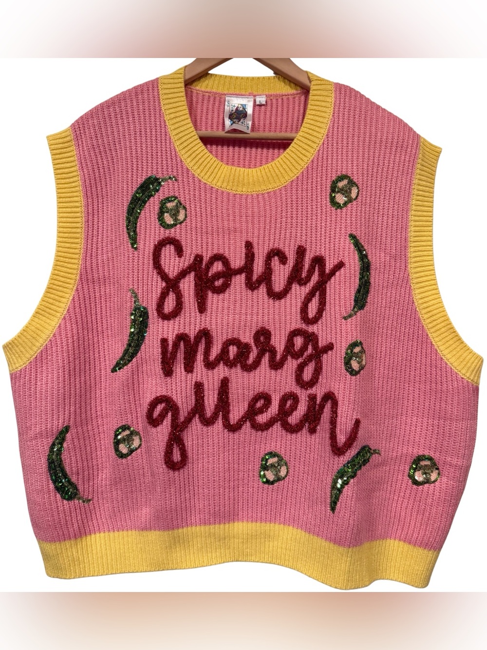 Queen of Sparkles Spicy Marg Novelty Statement Sweater Vest L Sequin Cocktail
